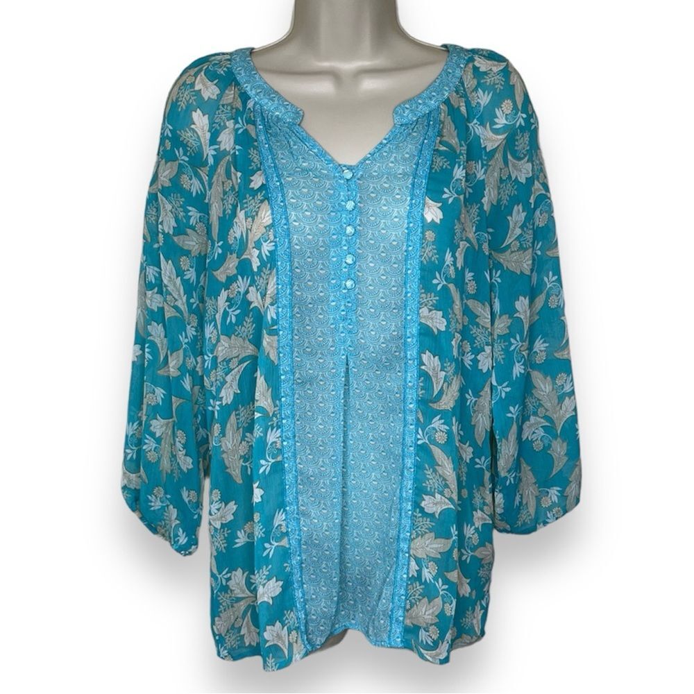 Zac and Rachel Boho Semi Sheer Chiffon Multi Print Aqua Floral Women Medium